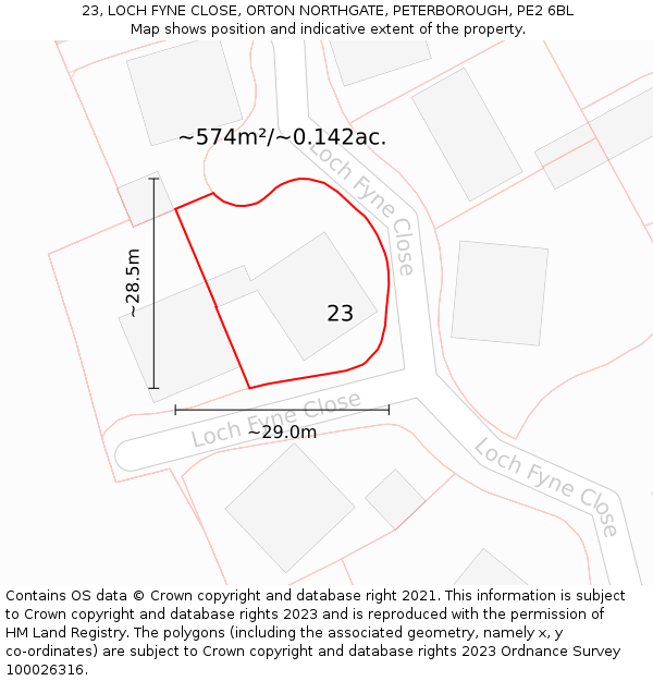 23, LOCH FYNE CLOSE, ORTON NORTHGATE, PETERBOROUGH, PE2 6BL: Plot and title map