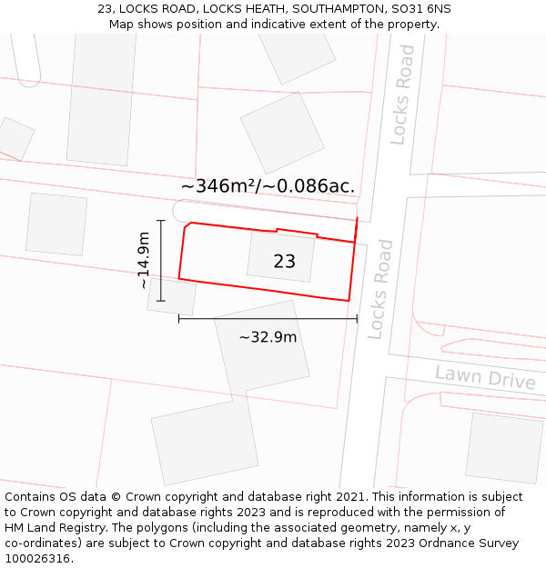 23, LOCKS ROAD, LOCKS HEATH, SOUTHAMPTON, SO31 6NS: Plot and title map