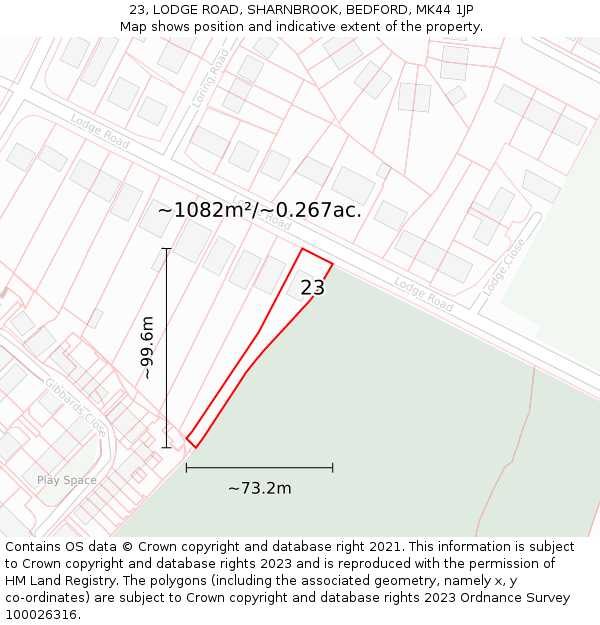 23, LODGE ROAD, SHARNBROOK, BEDFORD, MK44 1JP: Plot and title map