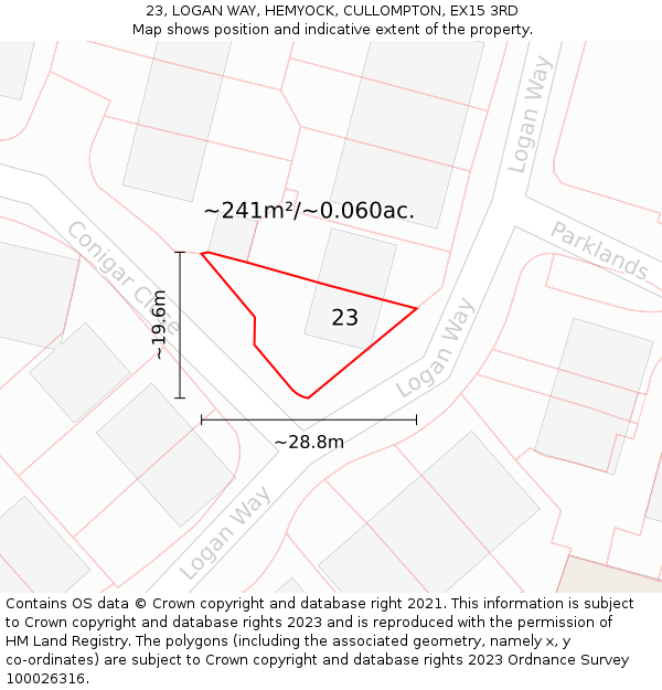 23, LOGAN WAY, HEMYOCK, CULLOMPTON, EX15 3RD: Plot and title map