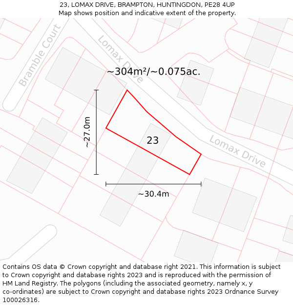 23, LOMAX DRIVE, BRAMPTON, HUNTINGDON, PE28 4UP: Plot and title map
