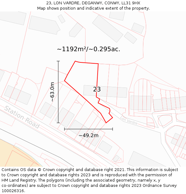 23, LON VARDRE, DEGANWY, CONWY, LL31 9HX: Plot and title map