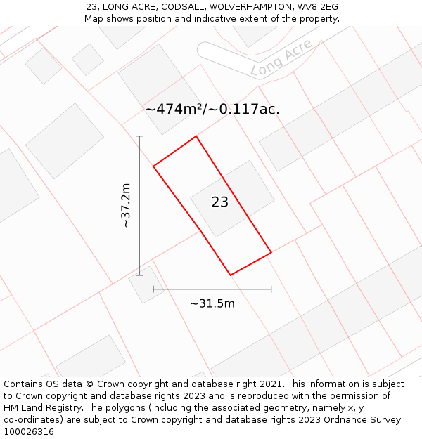 23, LONG ACRE, CODSALL, WOLVERHAMPTON, WV8 2EG: Plot and title map