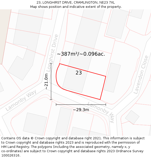 23, LONGHIRST DRIVE, CRAMLINGTON, NE23 7XL: Plot and title map