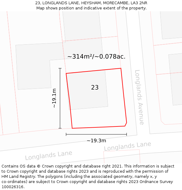 23, LONGLANDS LANE, HEYSHAM, MORECAMBE, LA3 2NR: Plot and title map
