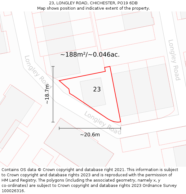 23, LONGLEY ROAD, CHICHESTER, PO19 6DB: Plot and title map