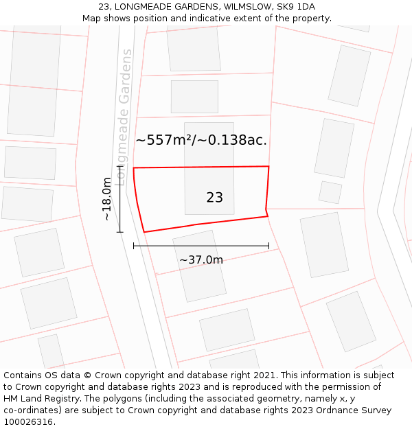 23, LONGMEADE GARDENS, WILMSLOW, SK9 1DA: Plot and title map