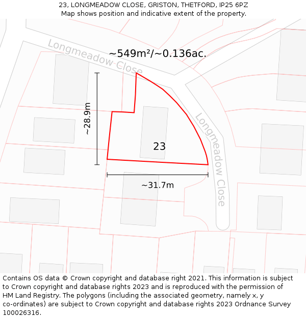 23, LONGMEADOW CLOSE, GRISTON, THETFORD, IP25 6PZ: Plot and title map