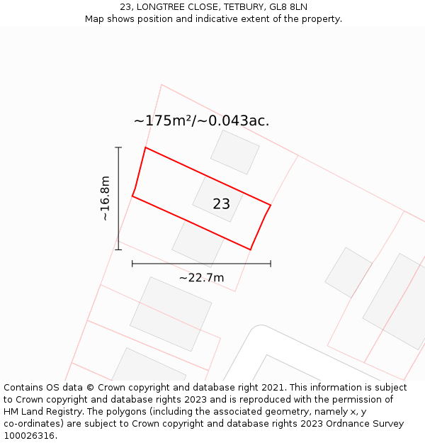 23, LONGTREE CLOSE, TETBURY, GL8 8LN: Plot and title map