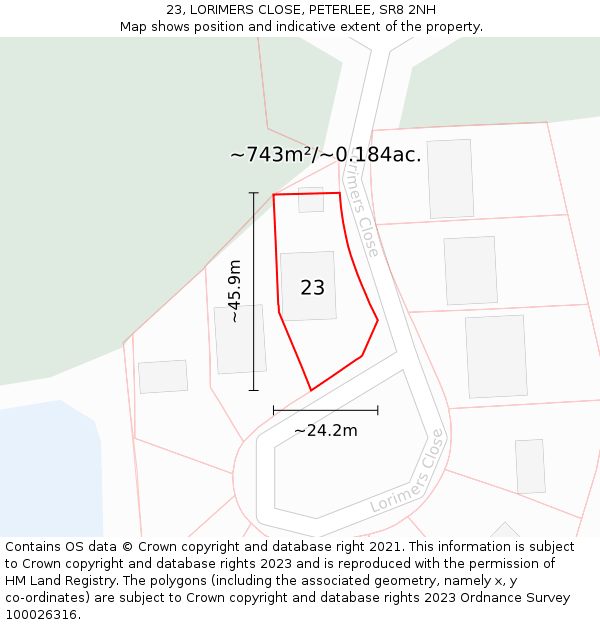 23, LORIMERS CLOSE, PETERLEE, SR8 2NH: Plot and title map