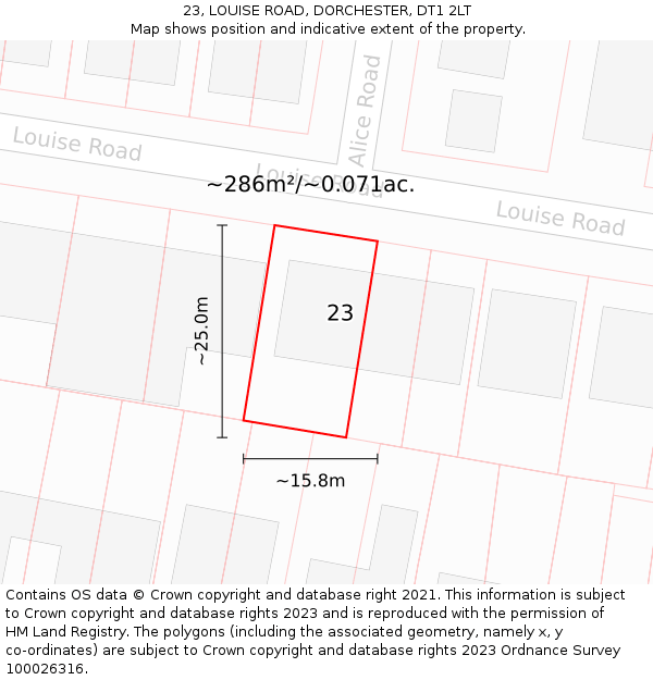 23, LOUISE ROAD, DORCHESTER, DT1 2LT: Plot and title map