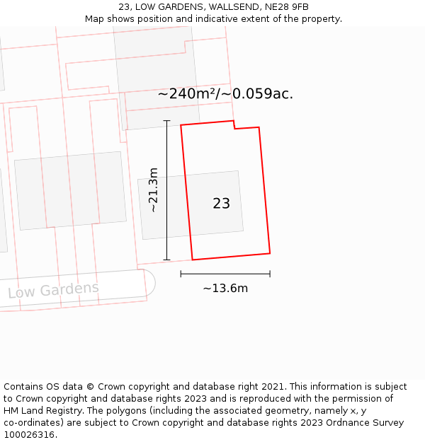 23, LOW GARDENS, WALLSEND, NE28 9FB: Plot and title map