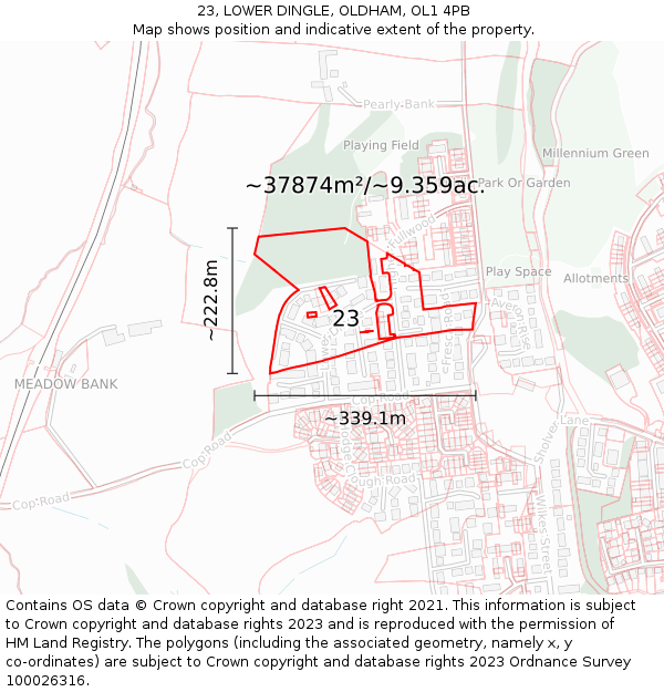 23, LOWER DINGLE, OLDHAM, OL1 4PB: Plot and title map