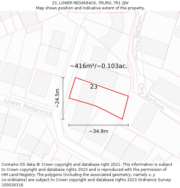 23, LOWER REDANNICK, TRURO, TR1 2JW: Plot and title map