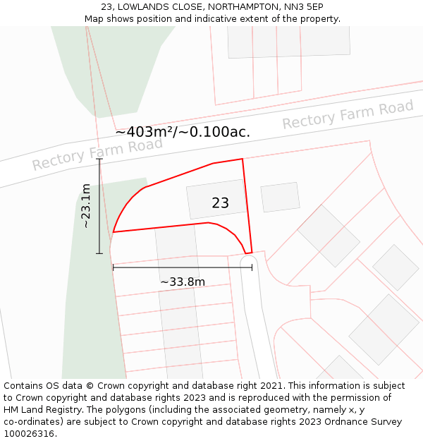 23, LOWLANDS CLOSE, NORTHAMPTON, NN3 5EP: Plot and title map