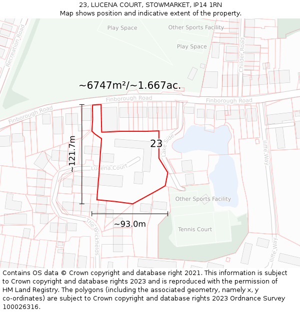 23, LUCENA COURT, STOWMARKET, IP14 1RN: Plot and title map