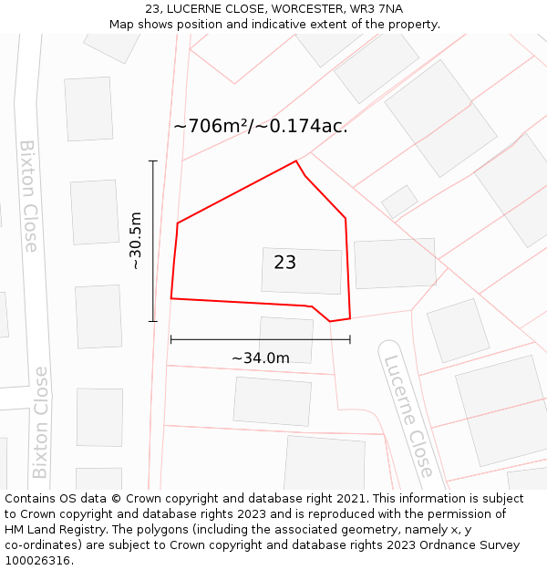 23, LUCERNE CLOSE, WORCESTER, WR3 7NA: Plot and title map