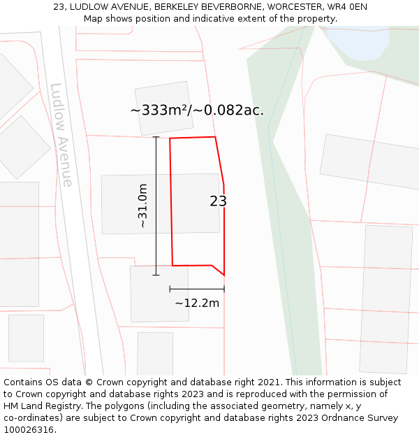 23, LUDLOW AVENUE, BERKELEY BEVERBORNE, WORCESTER, WR4 0EN: Plot and title map