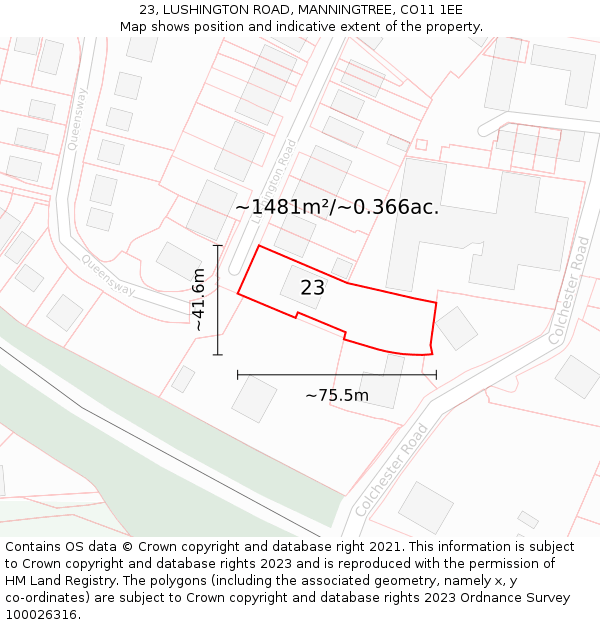 23, LUSHINGTON ROAD, MANNINGTREE, CO11 1EE: Plot and title map