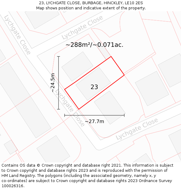 23, LYCHGATE CLOSE, BURBAGE, HINCKLEY, LE10 2ES: Plot and title map