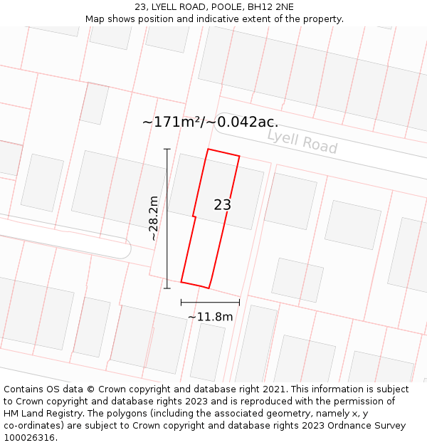 23, LYELL ROAD, POOLE, BH12 2NE: Plot and title map