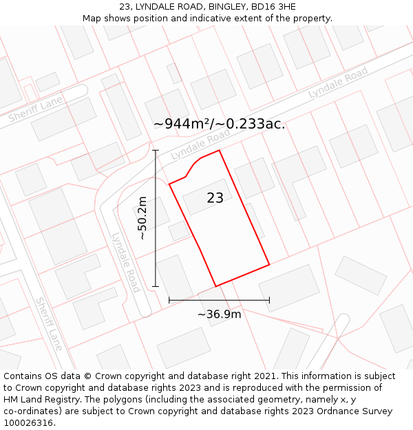 23, LYNDALE ROAD, BINGLEY, BD16 3HE: Plot and title map