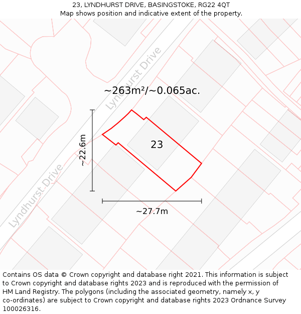 23, LYNDHURST DRIVE, BASINGSTOKE, RG22 4QT: Plot and title map