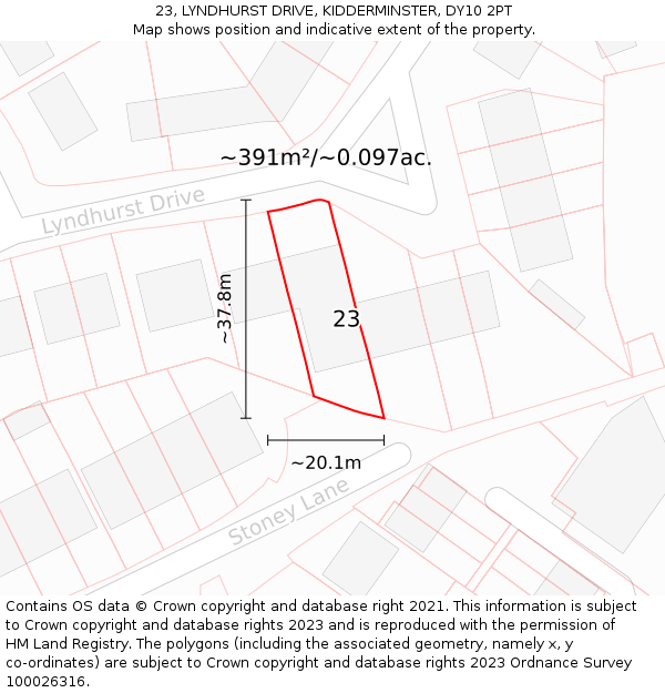 23, LYNDHURST DRIVE, KIDDERMINSTER, DY10 2PT: Plot and title map