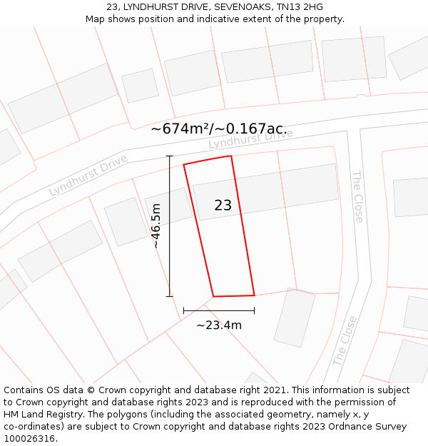 23, LYNDHURST DRIVE, SEVENOAKS, TN13 2HG: Plot and title map