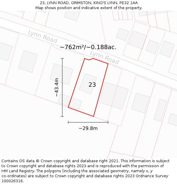 23, LYNN ROAD, GRIMSTON, KING'S LYNN, PE32 1AA: Plot and title map