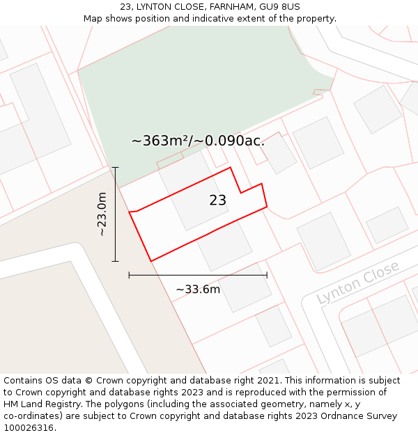 23, LYNTON CLOSE, FARNHAM, GU9 8US: Plot and title map
