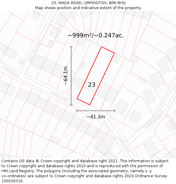 23, MADA ROAD, ORPINGTON, BR6 8HQ: Plot and title map