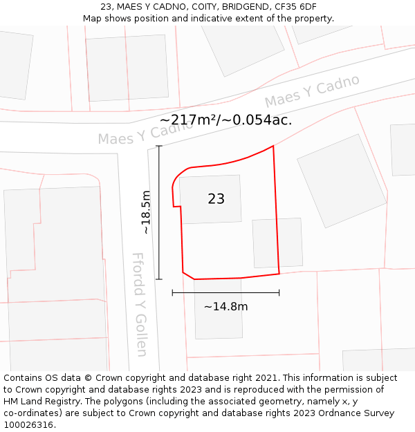 23, MAES Y CADNO, COITY, BRIDGEND, CF35 6DF: Plot and title map