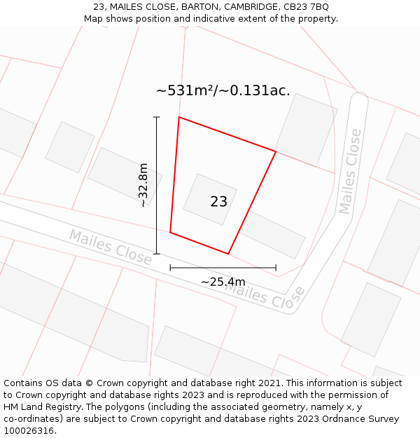 23, MAILES CLOSE, BARTON, CAMBRIDGE, CB23 7BQ: Plot and title map