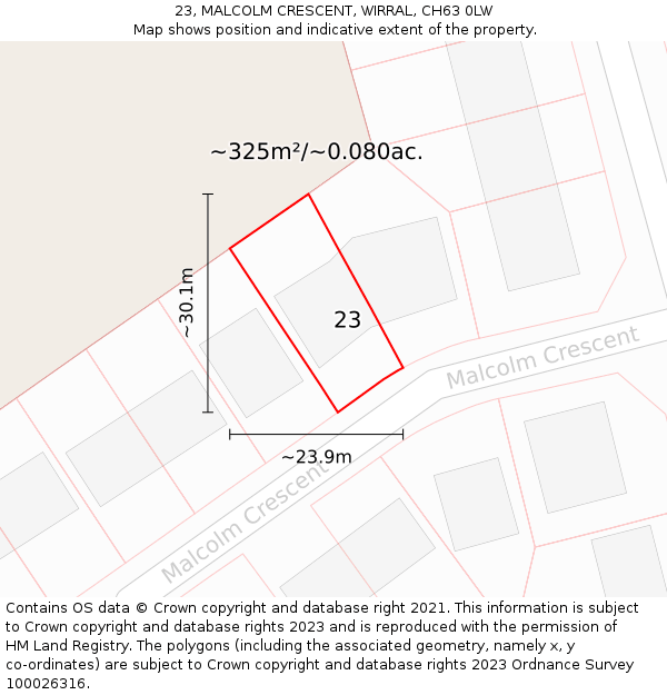 23, MALCOLM CRESCENT, WIRRAL, CH63 0LW: Plot and title map