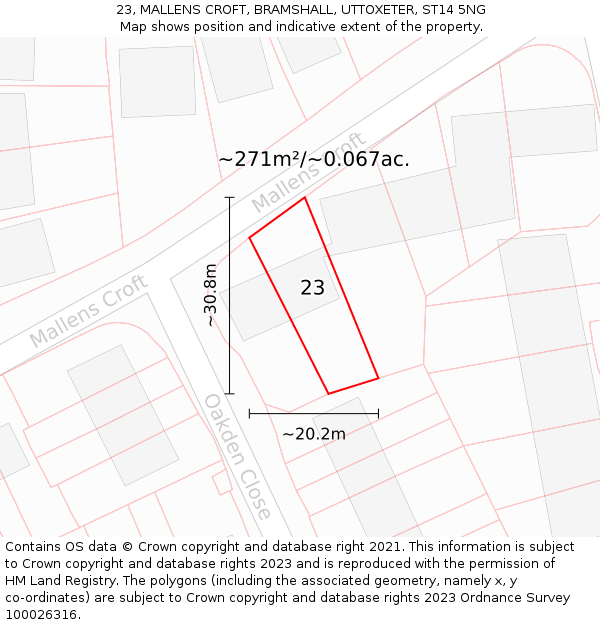23, MALLENS CROFT, BRAMSHALL, UTTOXETER, ST14 5NG: Plot and title map