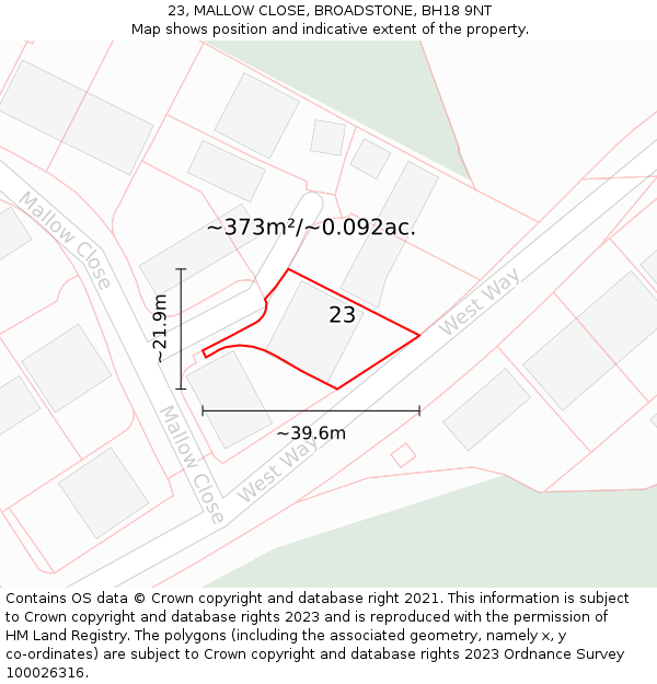 23, MALLOW CLOSE, BROADSTONE, BH18 9NT: Plot and title map