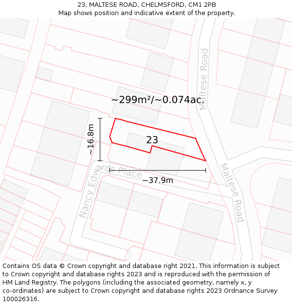 23, MALTESE ROAD, CHELMSFORD, CM1 2PB: Plot and title map