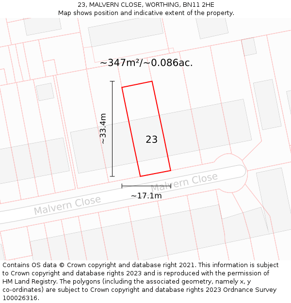 23, MALVERN CLOSE, WORTHING, BN11 2HE: Plot and title map
