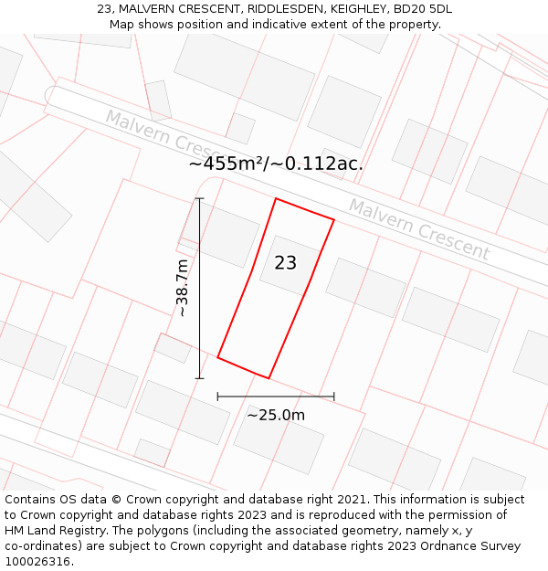 23, MALVERN CRESCENT, RIDDLESDEN, KEIGHLEY, BD20 5DL: Plot and title map