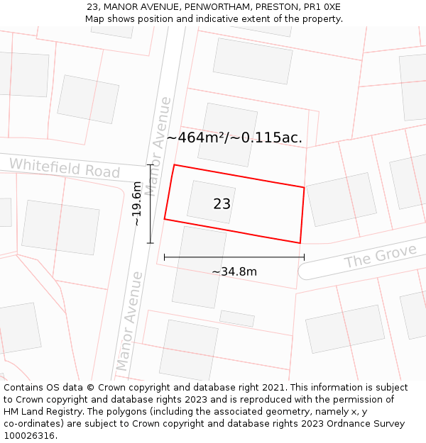 23, MANOR AVENUE, PENWORTHAM, PRESTON, PR1 0XE: Plot and title map