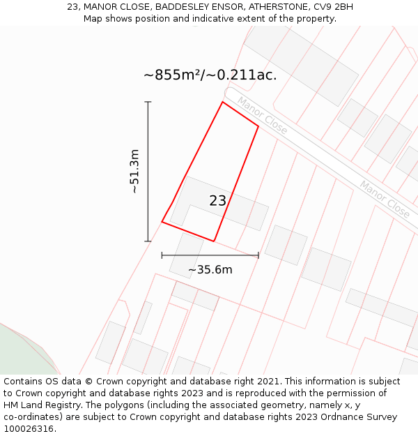 23, MANOR CLOSE, BADDESLEY ENSOR, ATHERSTONE, CV9 2BH: Plot and title map