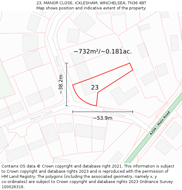 23, MANOR CLOSE, ICKLESHAM, WINCHELSEA, TN36 4BT: Plot and title map