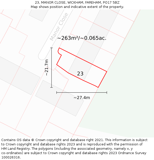 23, MANOR CLOSE, WICKHAM, FAREHAM, PO17 5BZ: Plot and title map