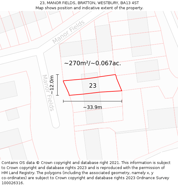 23, MANOR FIELDS, BRATTON, WESTBURY, BA13 4ST: Plot and title map