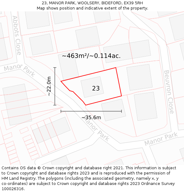 23, MANOR PARK, WOOLSERY, BIDEFORD, EX39 5RH: Plot and title map