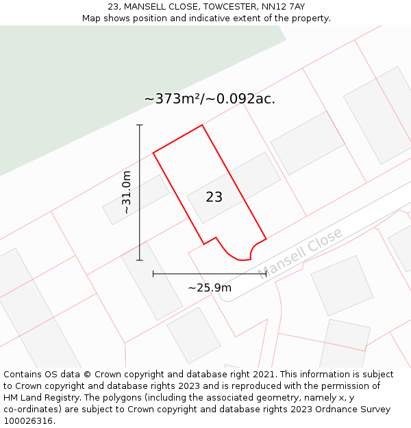 23, MANSELL CLOSE, TOWCESTER, NN12 7AY: Plot and title map