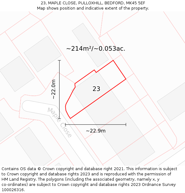 23, MAPLE CLOSE, PULLOXHILL, BEDFORD, MK45 5EF: Plot and title map