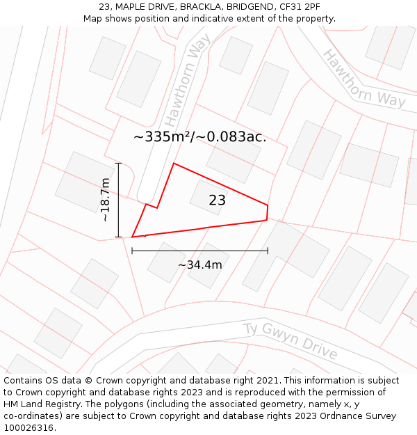 23, MAPLE DRIVE, BRACKLA, BRIDGEND, CF31 2PF: Plot and title map