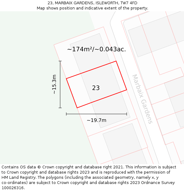 23, MARBAIX GARDENS, ISLEWORTH, TW7 4FD: Plot and title map